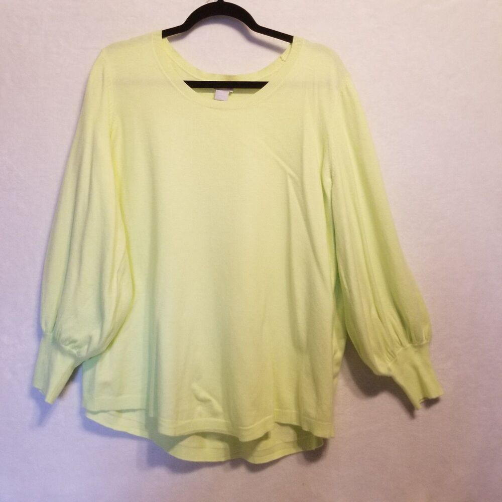Chicos 4 (2XL) Sweater Ballon Sleeve Lime Green Ultra Soft Cozy Basic Bohemian